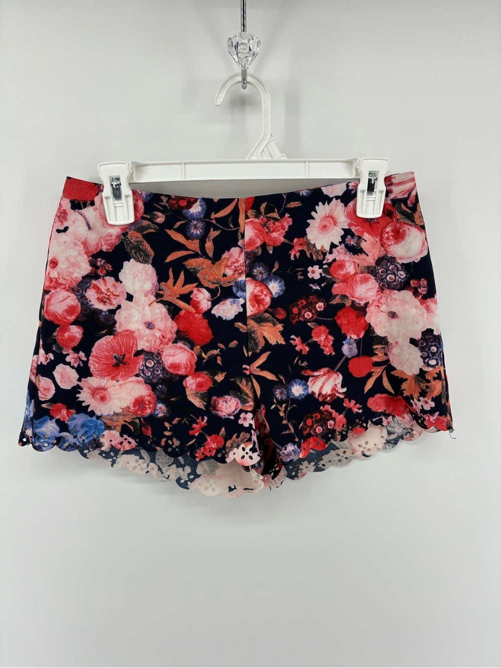 Floral Scallop Hem Women's Shorts - Navy with Pink Flowers